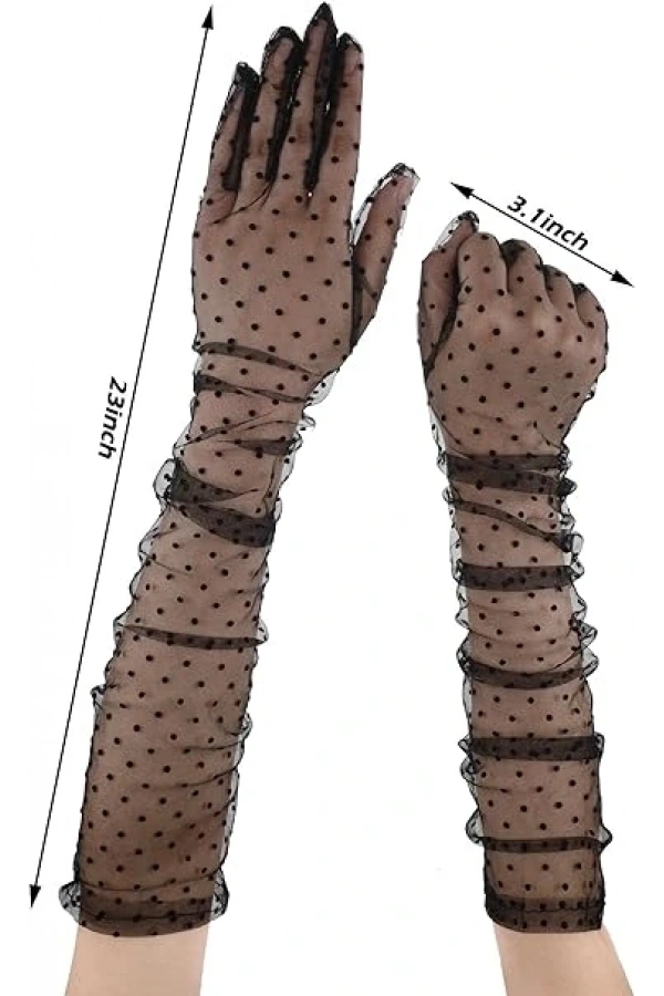 Bidebuvar Uzun Siyah Puantiyeli Yetişkin Tül Eldiven