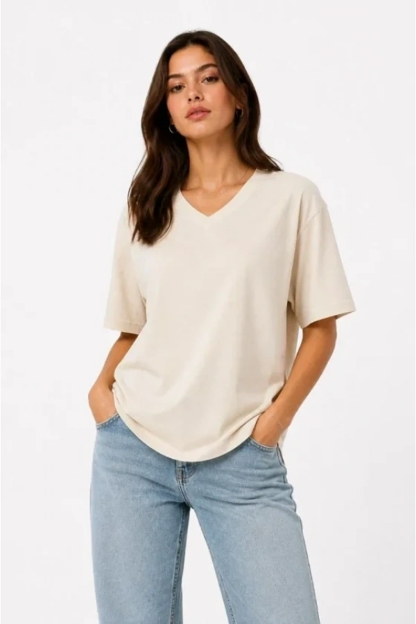 Bidebuvar V Yaka Basic Tişört Kısa Kol Yazlık Regular Fit T-Shirt - Bej
