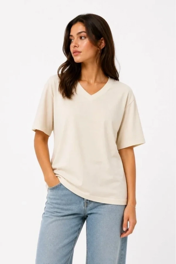 Bidebuvar V Yaka Basic Tişört Kısa Kol Yazlık Regular Fit T-Shirt - Bej