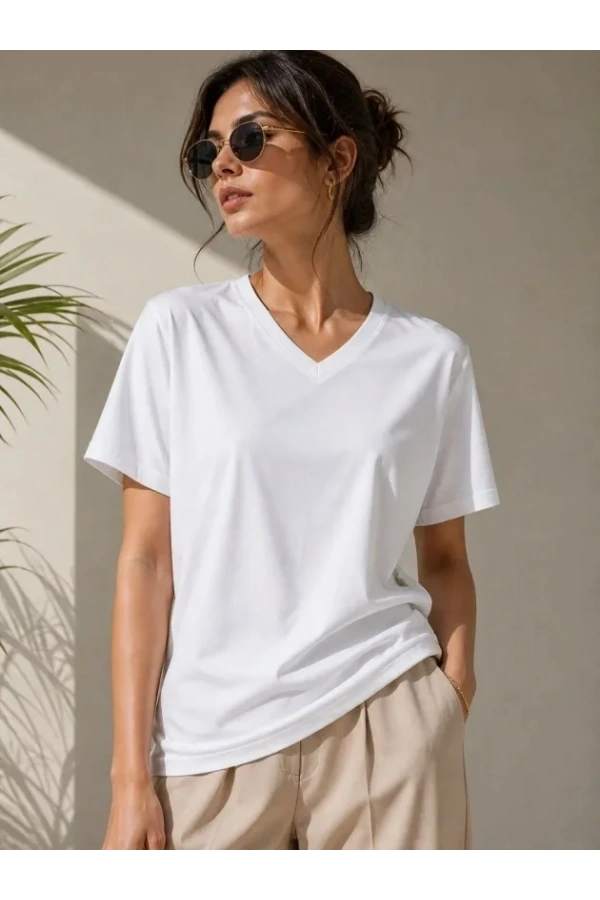 Bidebuvar V Yaka Basic Tişört Kısa Kol Yazlık Regular Fit T-Shirt - Beyaz