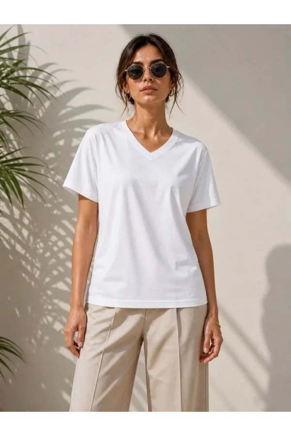 Bidebuvar V Yaka Basic Tişört Kısa Kol Yazlık Regular Fit T-Shirt - Beyaz