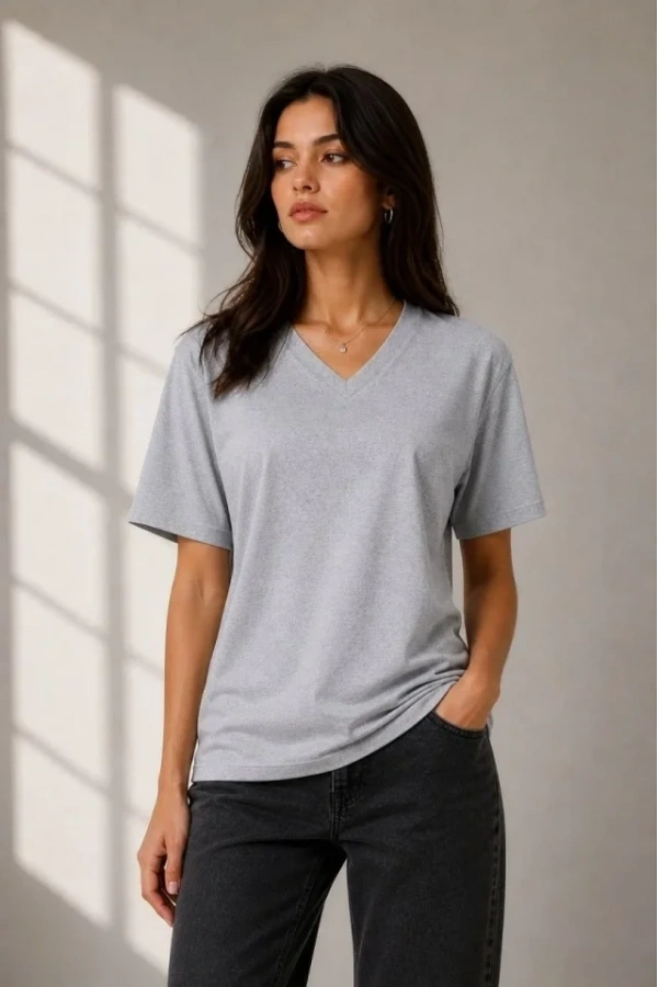 Bidebuvar V Yaka Basic Tişört Kısa Kol Yazlık Regular Fit T-Shirt - Gri