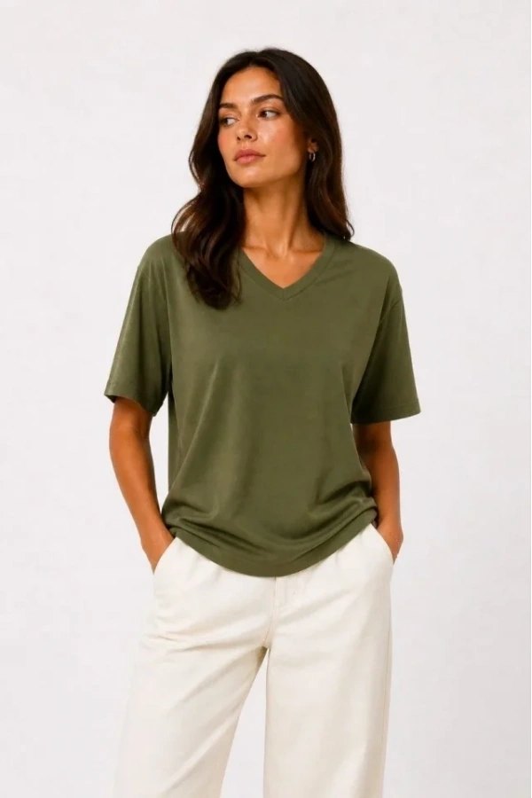 Bidebuvar V Yaka Basic Tişört Kısa Kol Yazlık Regular Fit T-Shirt - Haki
