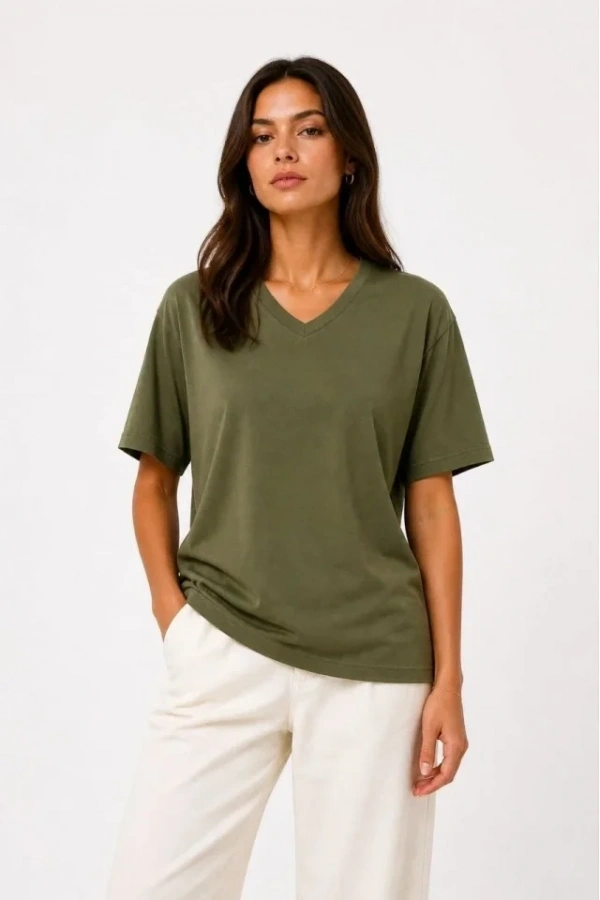 Bidebuvar V Yaka Basic Tişört Kısa Kol Yazlık Regular Fit T-Shirt - Haki