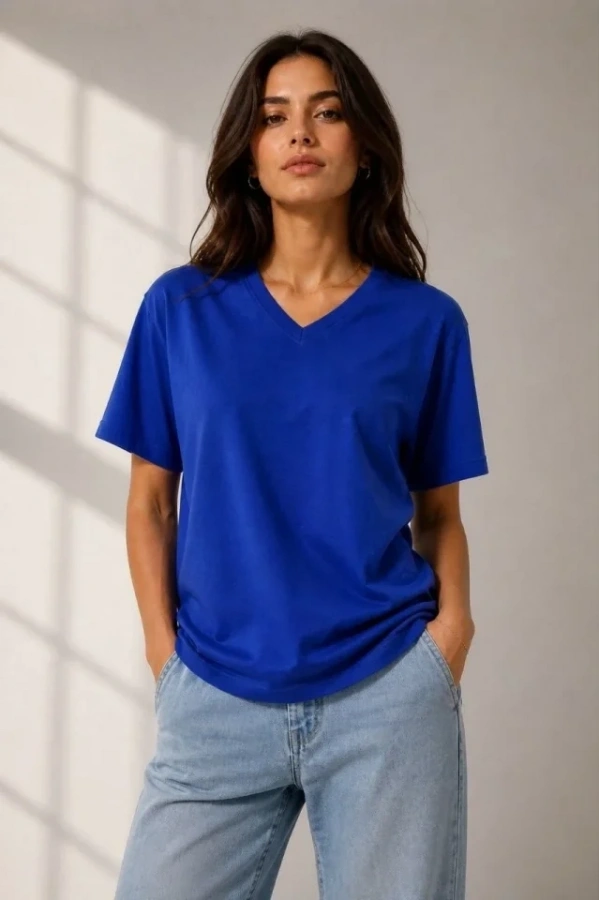 Bidebuvar V Yaka Basic Tişört Kısa Kol Yazlık Regular Fit T-Shirt - Saks Mavisi
