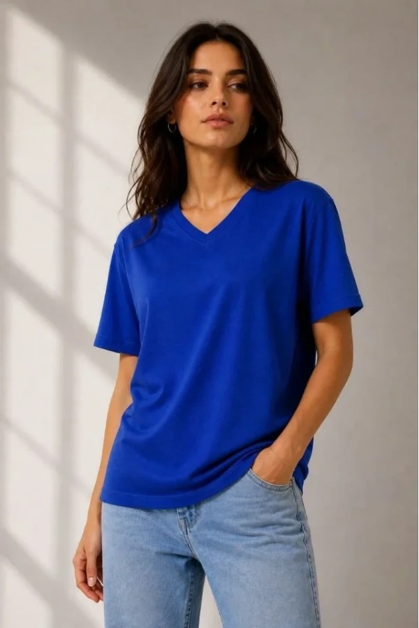 Bidebuvar V Yaka Basic Tişört Kısa Kol Yazlık Regular Fit T-Shirt - Saks Mavisi