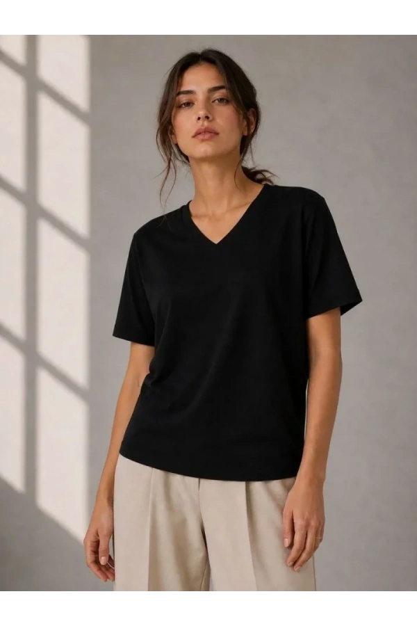 Bidebuvar V Yaka Basic Tişört Kısa Kol Yazlık Regular Fit T-Shirt - Siyah
