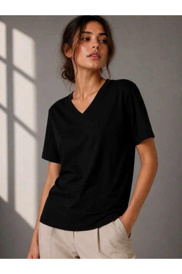 Bidebuvar V Yaka Basic Tişört Kısa Kol Yazlık Regular Fit T-Shirt - Siyah