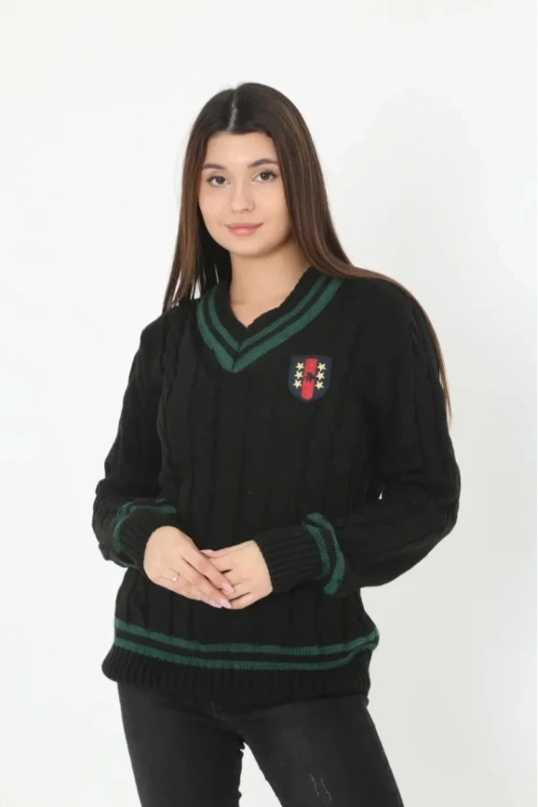 Bidebuvar V Yaka Örgülü Kazak - Siyah