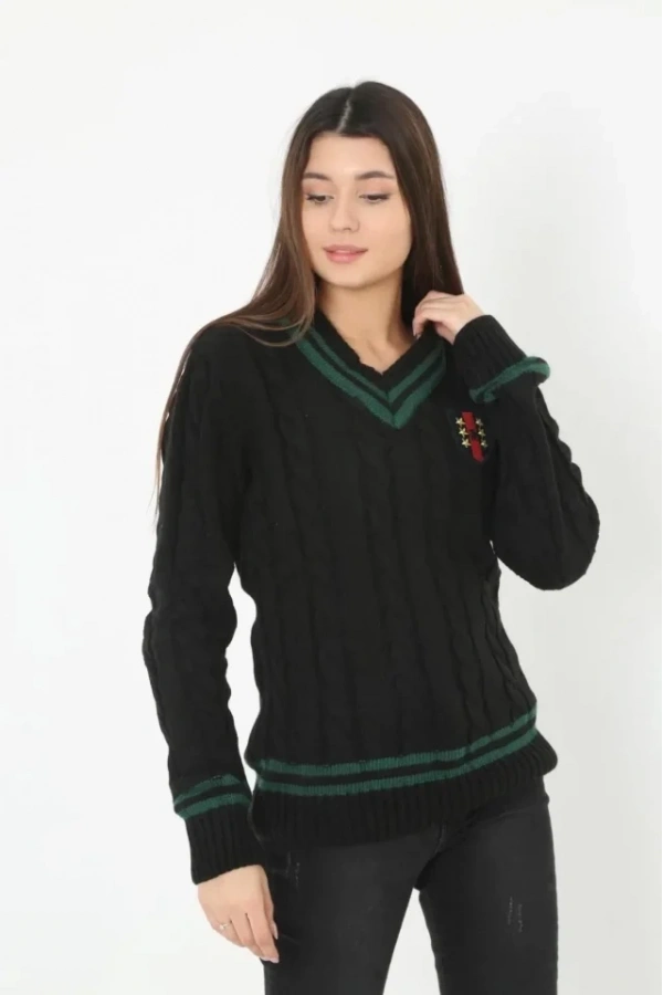 Bidebuvar V Yaka Örgülü Kazak - Siyah