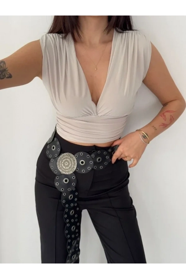 Bidebuvar Vatkalı Kolsuz V Yaka Drapeli Crop Bluz Likralı Fit - Boyalı Gri