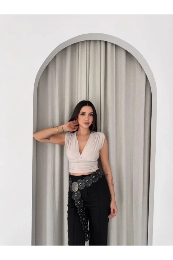 Bidebuvar Vatkalı Kolsuz V Yaka Drapeli Crop Bluz Likralı Fit - Boyalı Gri