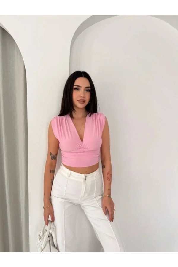 Bidebuvar Vatkalı Kolsuz V Yaka Drapeli Crop Bluz Likralı Fit - Pembe