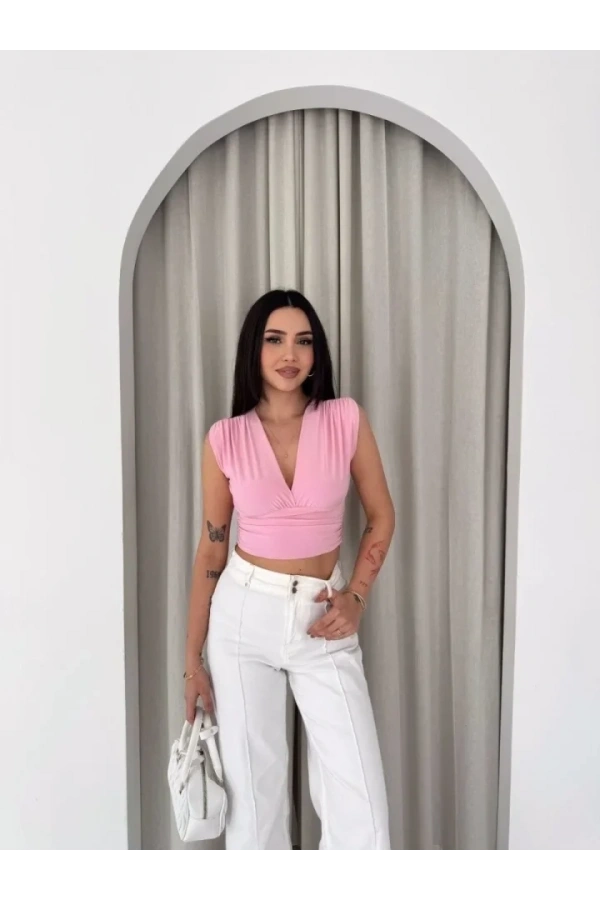 Bidebuvar Vatkalı Kolsuz V Yaka Drapeli Crop Bluz Likralı Fit - Pembe