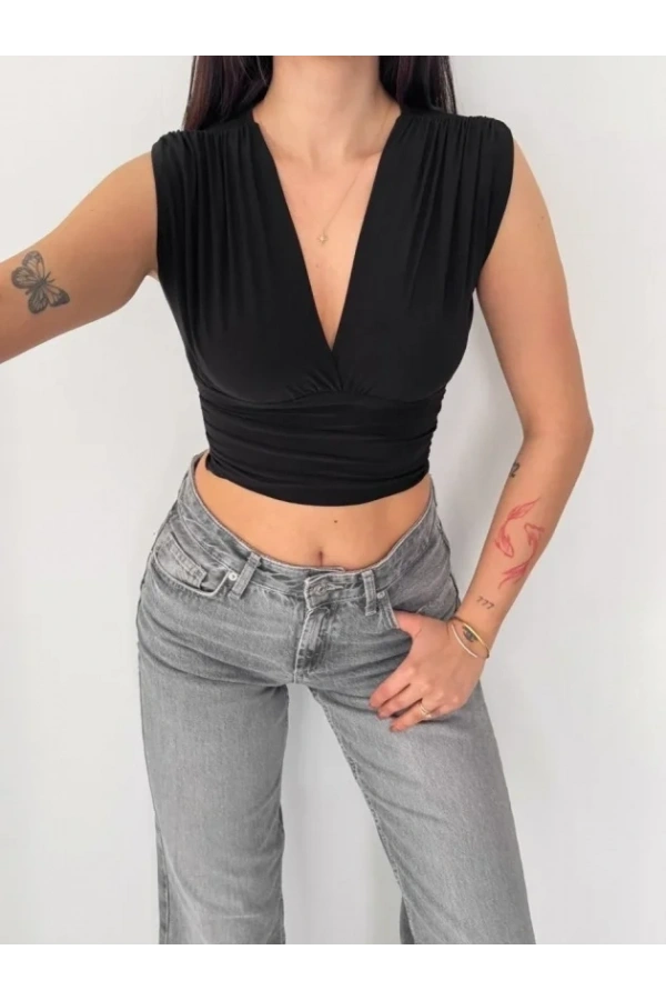 Bidebuvar Vatkalı Kolsuz V Yaka Drapeli Crop Bluz Likralı Fit - Siyah