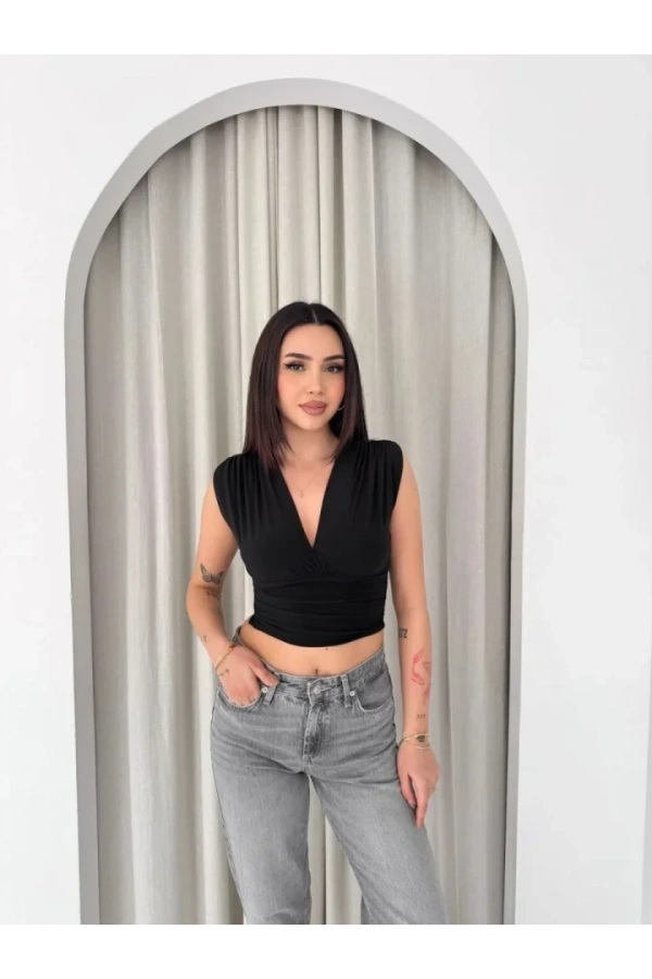 Bidebuvar Vatkalı Kolsuz V Yaka Drapeli Crop Bluz Likralı Fit - Siyah