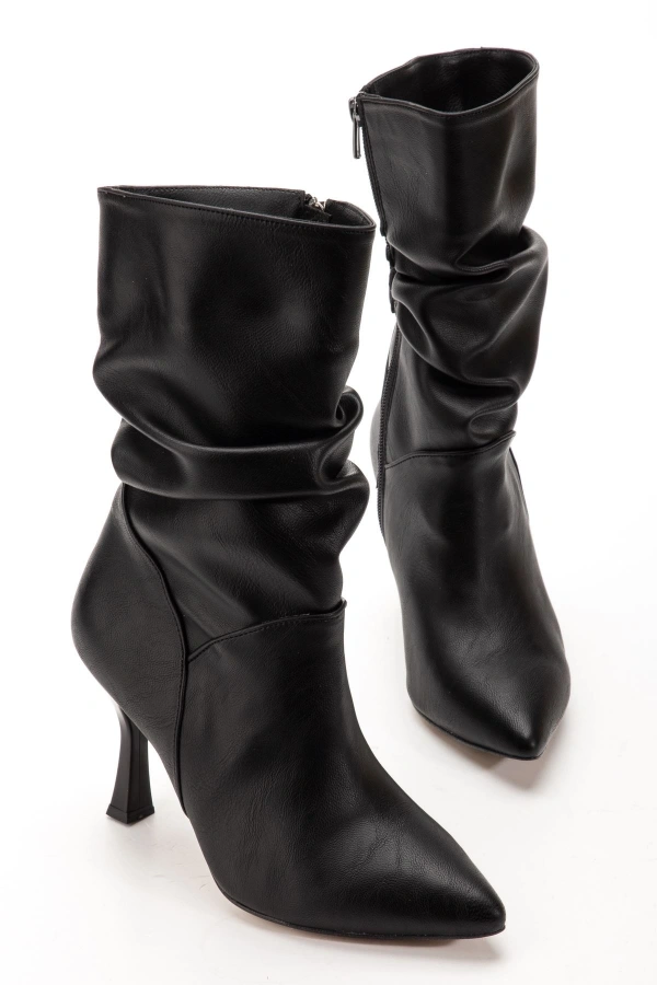 Bidebuvar VRT-024 Siyah Yüksek İnce Topuklu Körüklü Fermuarlı  Kadın Bot