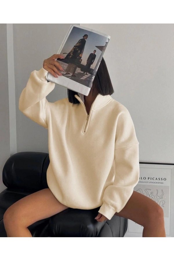 Bidebuvar Yarım Fermuarlı Üç İplik Sweatshirt - Bej