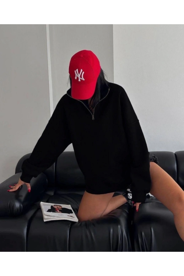 Bidebuvar Yarım Fermuarlı Üç İplik Sweatshirt - Siyah