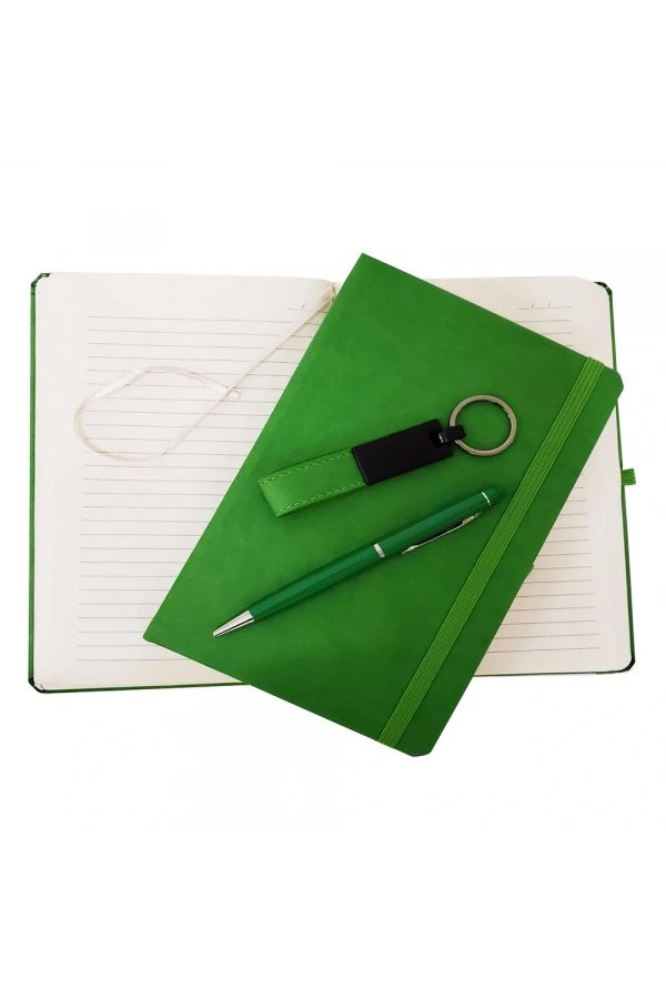 Bidebuvar Yeşil Termo Deri Defter, Kalem ve Anahtarlık Seti