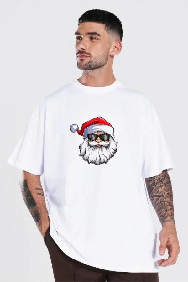 Bidebuvar Yılbaşı Gözlüklü Noel Baba Baskılı Kısa Kollu Oversize Bisiklet Yaka T-shirt - Beyaz