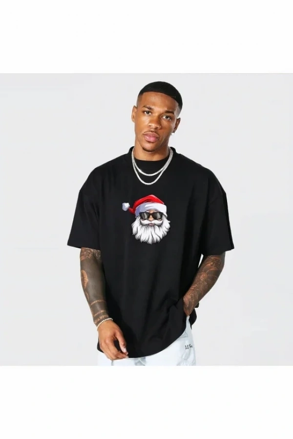 Bidebuvar Yılbaşı Gözlüklü Noel Baba Baskılı Kısa Kollu Oversize Bisiklet Yaka T-shirt - Siyah
