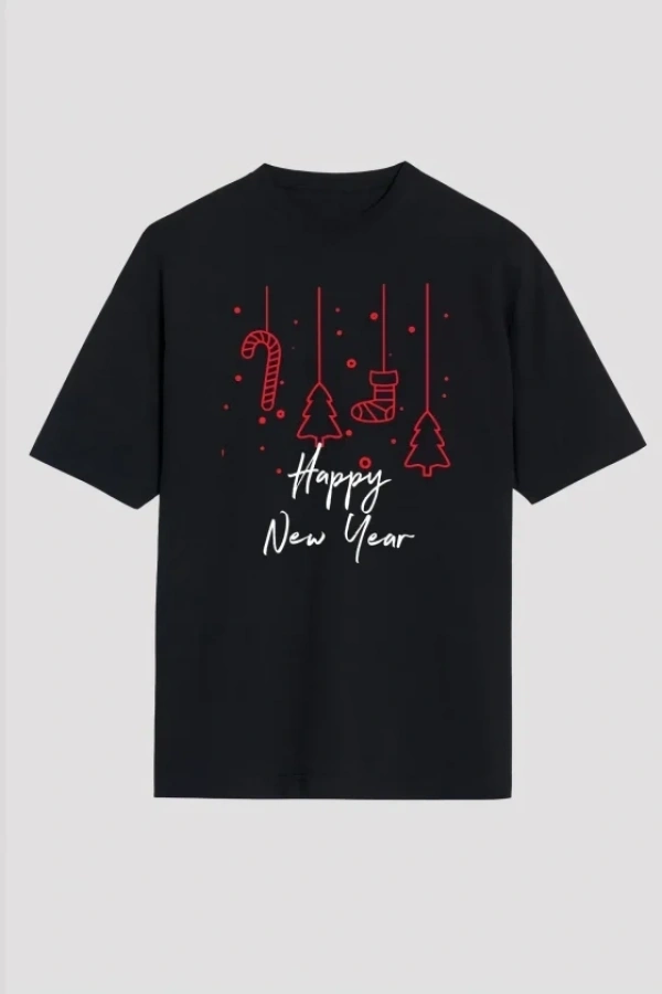 Bidebuvar Yılbaşı Happy New Year Baskılı Kısa Kollu Oversize Bisiklet Yaka T-shirt - Siyah
