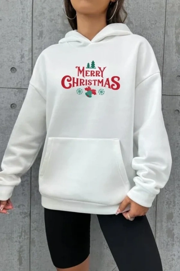 Bidebuvar Yılbaşı Merry Christmas Baskılı Oversize Kapüşonlu Sweatshirt Hoodie - Beyaz