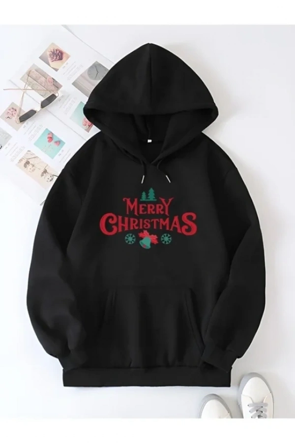 Bidebuvar Yılbaşı Merry Christmas Baskılı Oversize Kapüşonlu Sweatshirt Hoodie - Siyah