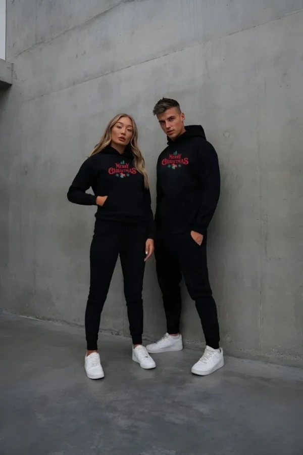 Bidebuvar Yılbaşı Merry Christmas Baskılı Oversize Kapüşonlu Sweatshirt Hoodie - Siyah