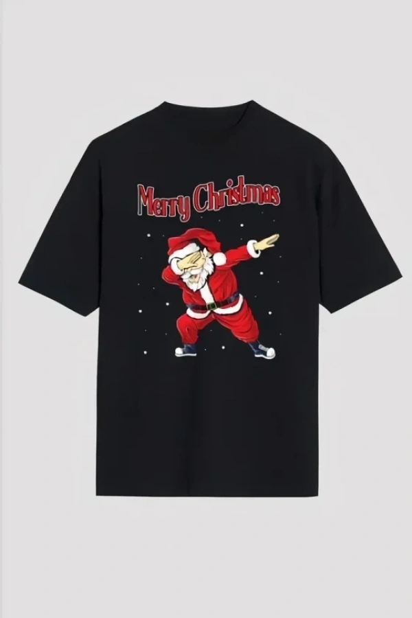 Bidebuvar Yılbaşı Merry Christmas Noel Baba Baskılı Oversize Bisiklet Yaka T-shirt - Siyah