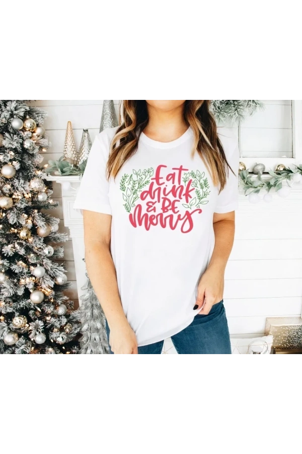 Bidebuvar Yılbaşı Noel Baskılı Kısa Kollu Oversize Bisiklet Yaka T-shirt - Beyaz