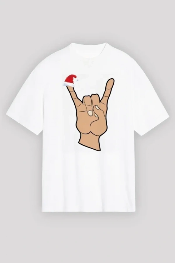 Bidebuvar Yılbaşı Noel Başlıklı Serçe Parmak Baskılı Oversize Bisiklet Yaka T-shirt - Beyaz