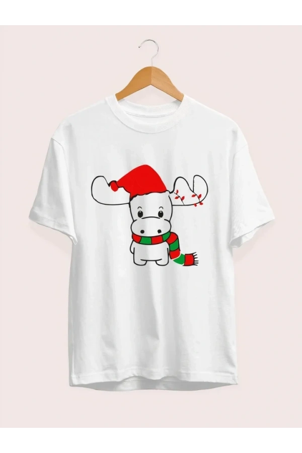 Bidebuvar Yılbaşı Noel Ren Geyiği Baskılı Kısa Kollu Oversize Bisiklet Yaka T-shirt - Beyaz