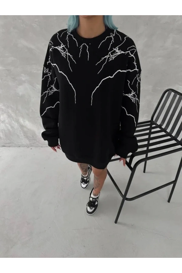 Bidebuvar Yıldırım Baskılı Bisiklet Yaka SweatShirt - Siyah