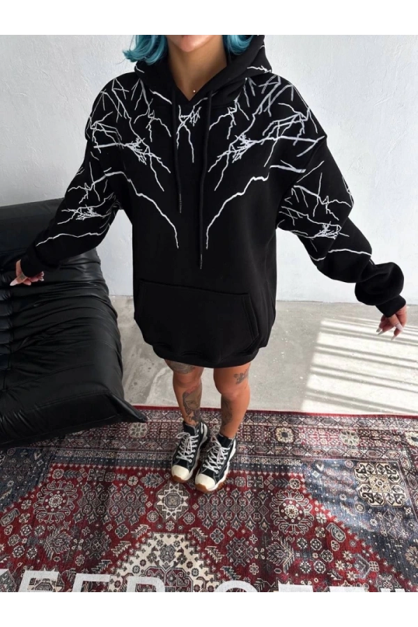 Bidebuvar Yıldırım Baskılı Kapşonlu SweatShirt - Siyah