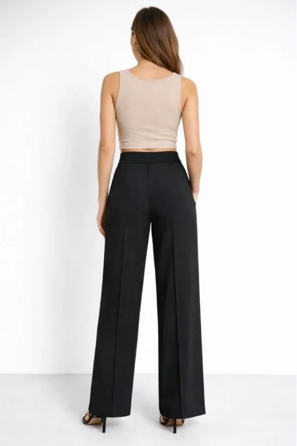 Bidebuvar Yüksek Bel Palazzo Pantolon Çima Dikişli Bol Paça Akıcı Kumaş Günlük Ve Ofis Şıklığı - Siyah