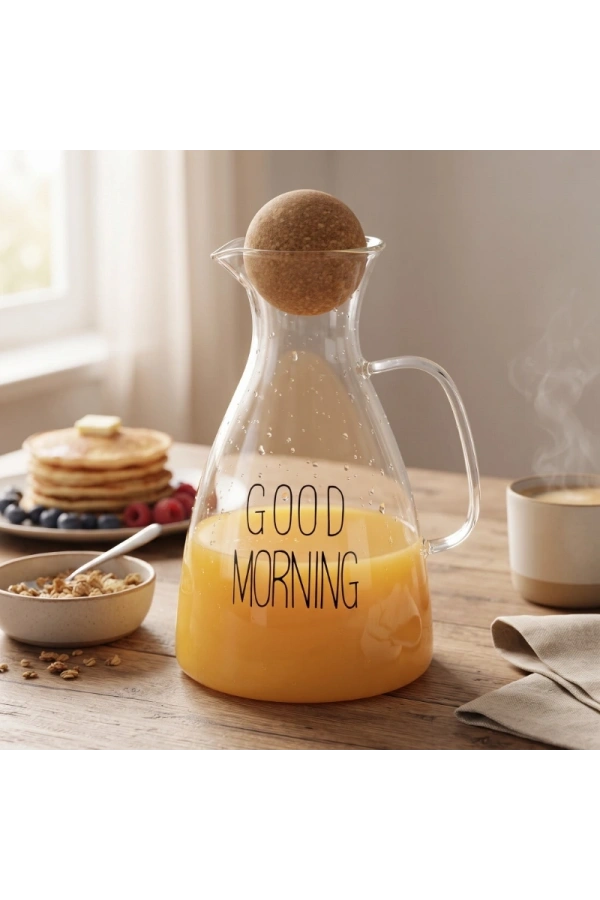 Bidebuvar Yuvarlak Mantar Kapaklı Sürahi - 1500 ml - Yüksek Kaliteli Cam