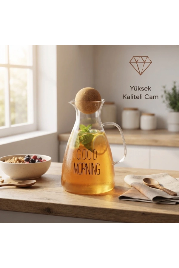 Bidebuvar Yuvarlak Mantar Kapaklı Sürahi - 1500 ml - Yüksek Kaliteli Cam