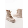 Bidebuvar 02-356 Bej Düz Topuklu Bağcıklı Fermuarlı Günlük Kadın Bot