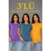 Bidebuvar 3’lü Kısa Kollu Bisiklet Yaka Basic Slim Fit T-Shirt - Mor - Petrol Mavisi - Hardal