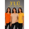 Bidebuvar 3’lü Kısa Kollu Bisiklet Yaka Basic Slim Fit T-Shirt - Turuncu - Bej - Hardal