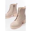 Bidebuvar 5109-3025 Bej Bağcıklı Fermuarlı Kalın Topuklu Günlük Kadın Bot