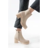 Bidebuvar 5109-3057 Bej Lastikli Fermuarlı Kalın Topuklu Günlük Kadın Bot