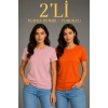 Bidebuvar Basic Bisiklet Yaka Yazlık Slim Fit T-Shirt - Pudra Pembe - Turuncu
