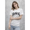Bidebuvar Bisiklet Yaka Ön Baskılı Kısa Kollu Tişört Streetwear Günlük Basic Pamuklu T-shirt - Beyaz