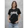 Bidebuvar Bisiklet Yaka Ön Baskılı  Kısa Kollu Tişört Streetwear Günlük Basic Pamuklu T-shirt - Siyah