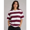 Bidebuvar Çizgili Oversize Tişört Bisiklet Yaka Kısa Kol Yazlık T-Shirt - Bordo