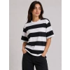 Bidebuvar Çizgili Oversize Tişört Bisiklet Yaka Kısa Kol Yazlık T-Shirt - Siyah