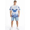 Bidebuvar Erkek Asit Yıkamalı Oversize Tişört Mavi Kelebek Baskılı Dijital Print Bisiklet Yaka Streetwear T-Shirt - Beyaz